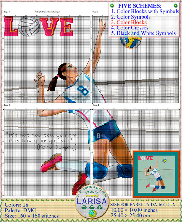 Volleyball cross stitch pattern with dynamic player