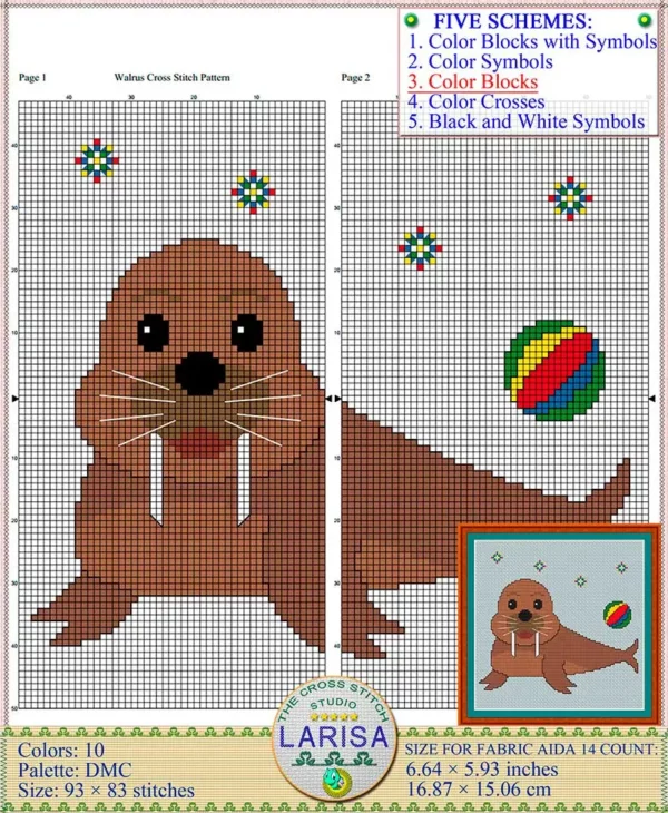 Baby walrus cross stitch design with ball and snowflake details