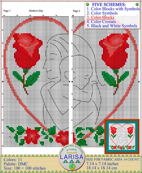 Mother's Day cross stitch pattern featuring a touching silhouette of a mother and baby