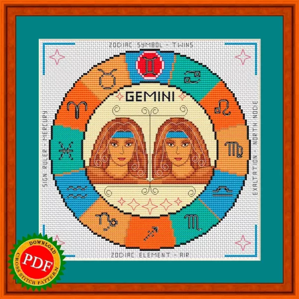 Two Gemini twins facing each other within a circle