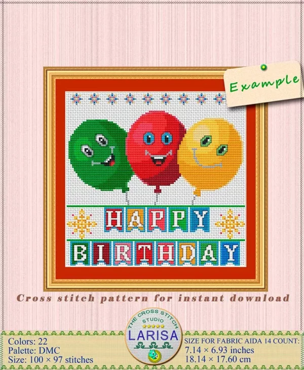 Vibrant Balloons Cross Stitch Design: Happy Birthday Delight