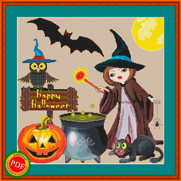 Witch brewing potions with a cat and spider in Halloween cross-stitch collage