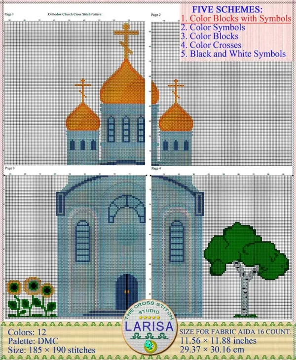 Pale blue building with golden domes cross stitch pattern