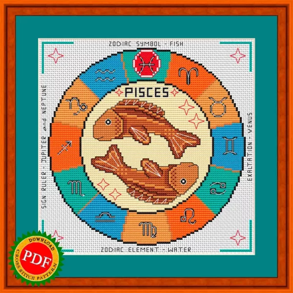 Cross Stitch Pattern for Pisces Zodiac Sign - Fish and Astrological Symbols