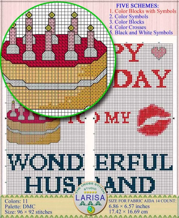 Sample of full cross stitch pattern layout on 14 ct fabric to make husband's birthday gift