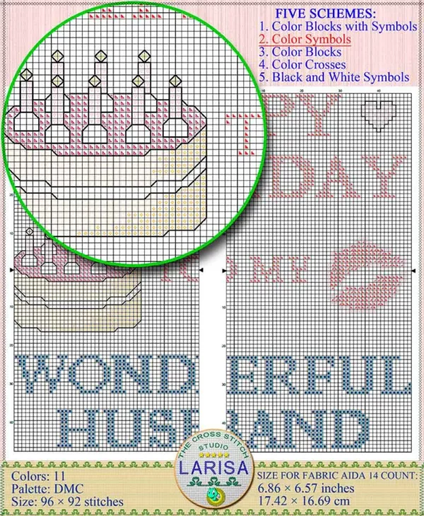 Hands at work backstitching kiss design detail in cross stitch pattern for birthday
