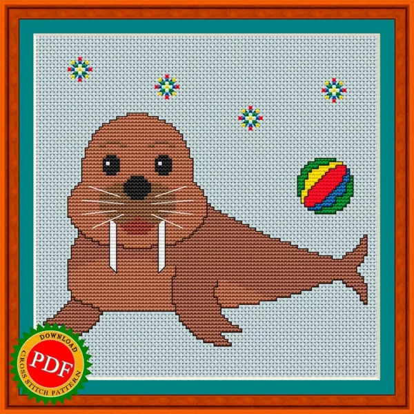 Walrus cross stitch pattern with adorable baby walrus