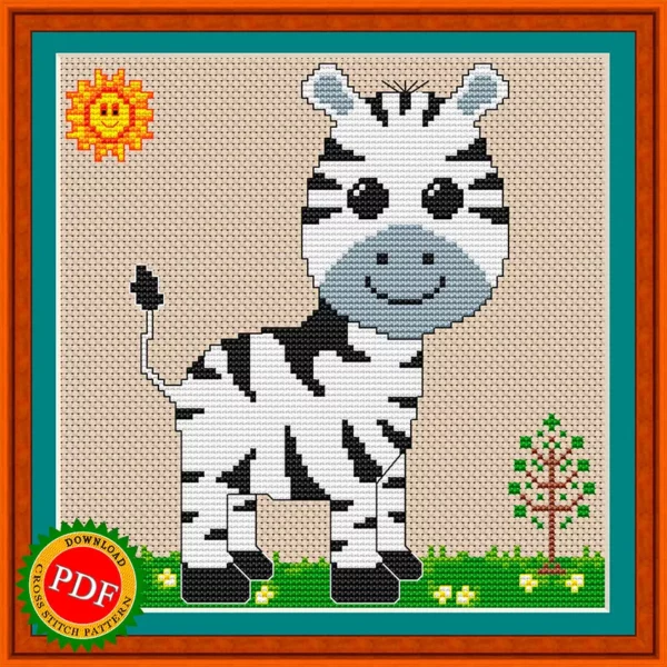 Cute zebra cross stitch pattern with playful zebra cub